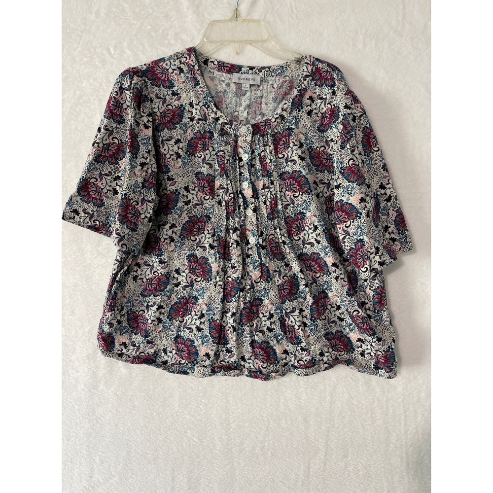 Evereve Womens Floral Pintuck Button Front Blouse Pink Blue Short Sleeve Large